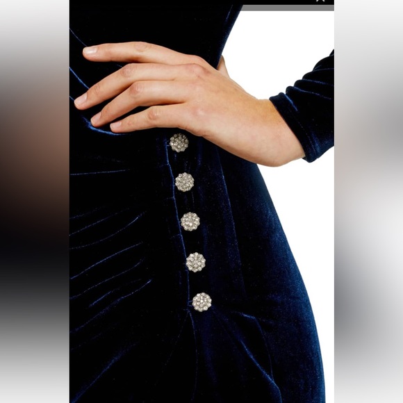 Topshop royal blue velvet mini wrap dress side drape and buttons. Size 12 - Picture 4 of 8